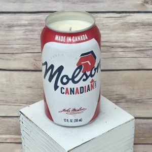 Molson Canadian beer can candle poured in upcycled aluminum