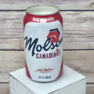 Soy wax candle in upcycled Molson Canadian beer can side view