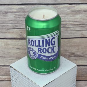 Rolling Rock brand soy wax candle in an upcycled aluminum can