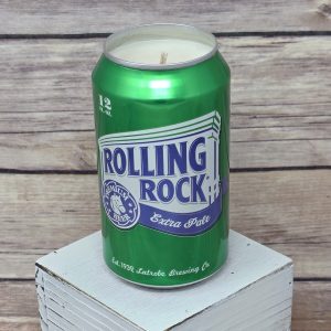 Handmade soy wax Rolling Rock candle in an upcycled beverage can
