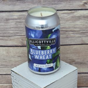 Decorative soy candle in an upcycled EBC Blueberry Wheat Beer can from 716 Candle Co.