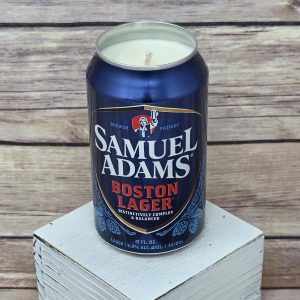 Upcycled Sam Adams Boston Lager can soy candle closeup view