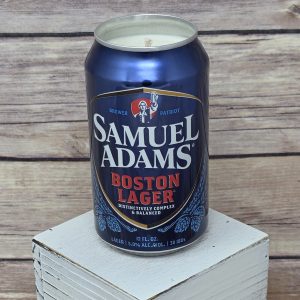 Sam Adams Boston Lager candle in an upcycled can, side view