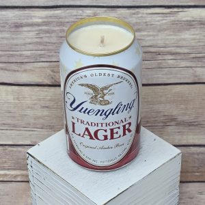 Hand-poured soy wax candle in an upcycled Yuengling Traditional Lager can
