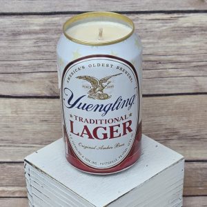 Soy wax hand-poured candle in an upcycled Yuengling Traditional Lager beer can view