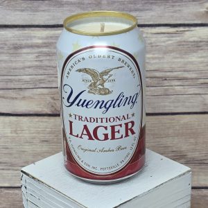Upcycled Yuengling Traditional Lager beer can holding soy wax candle