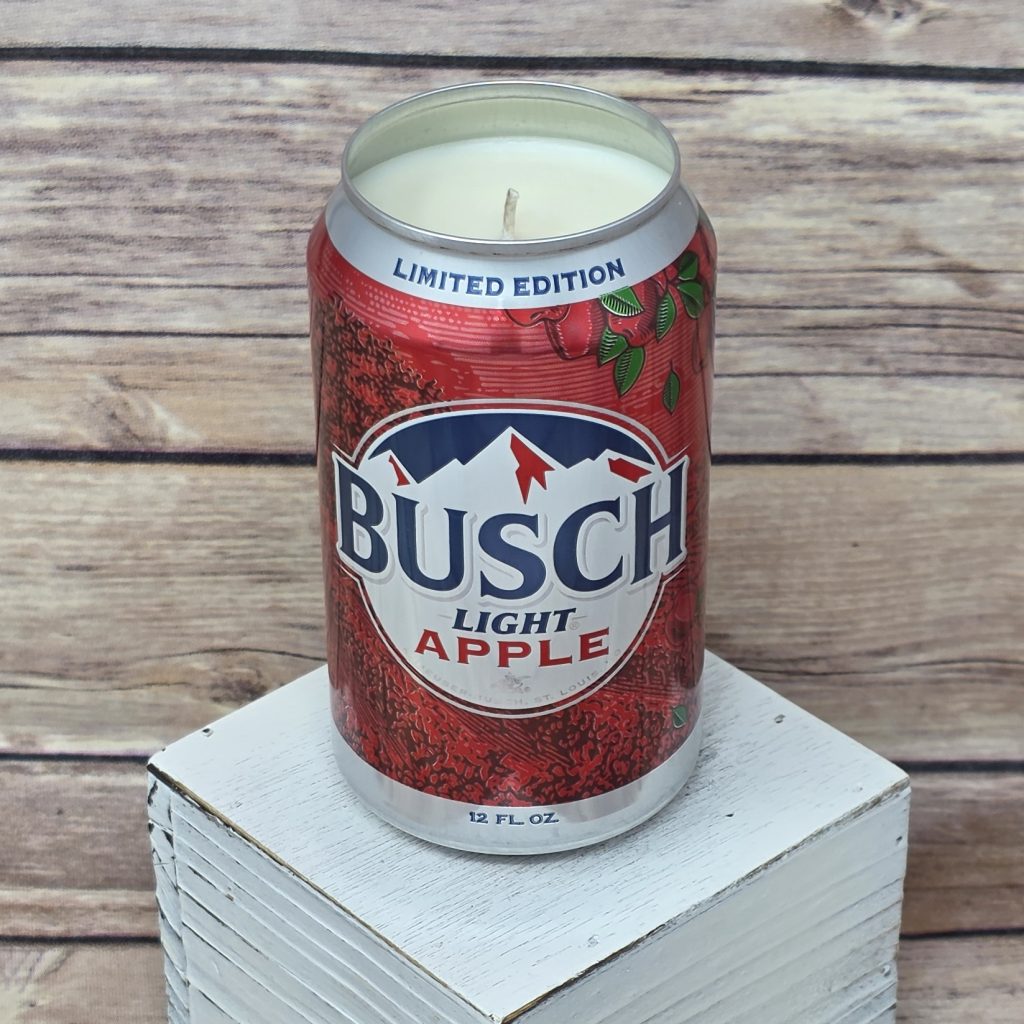 A great gift: the Busch Light Apple soy candle inside its upcycled can.