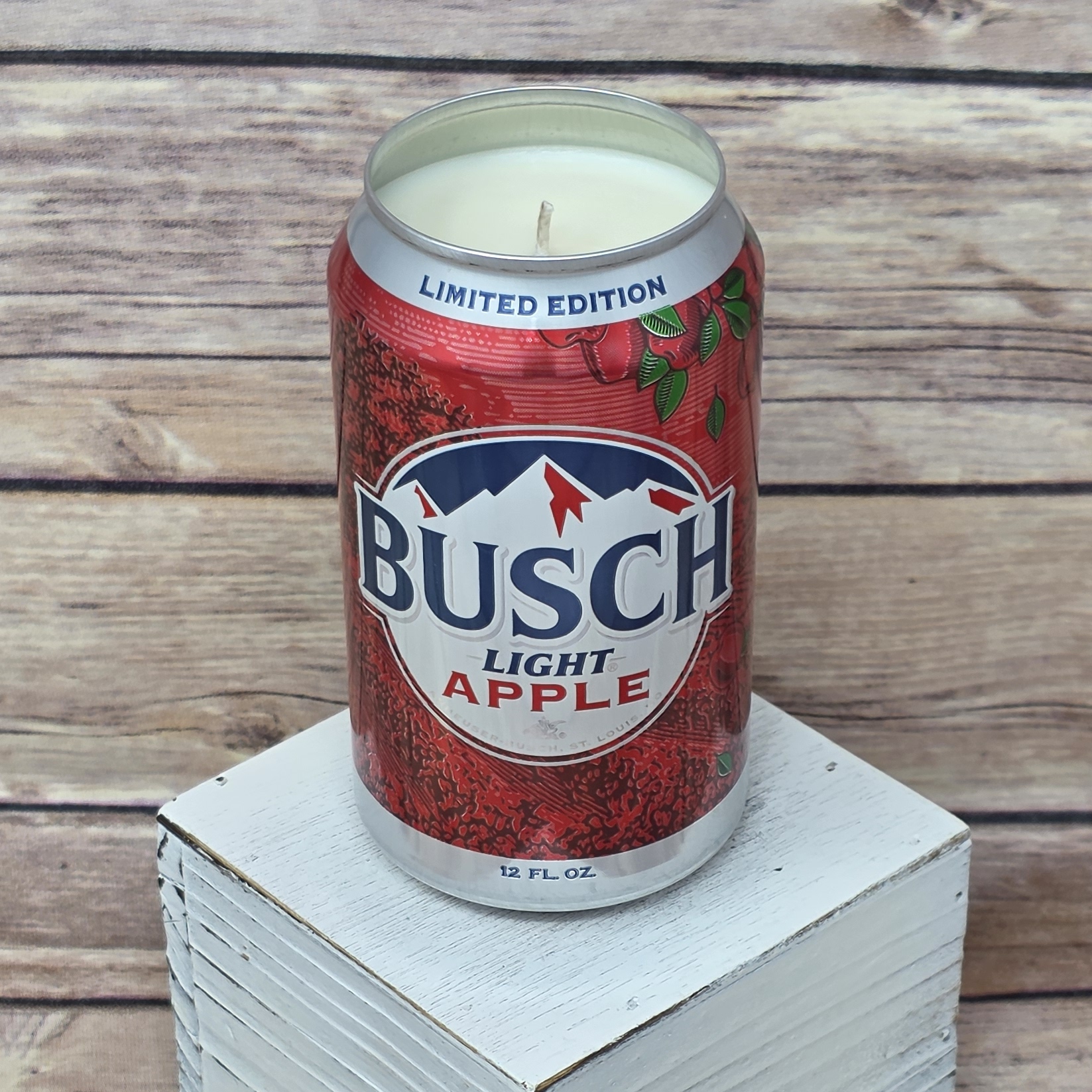 A great gift: the Busch Light Apple soy candle inside its upcycled can.