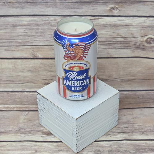 Upcycled can candle for Real American Beer, soy wax filler