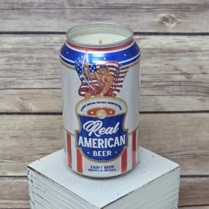 Hulk Hogan Real American Beer scented soy candle in an upcycled can