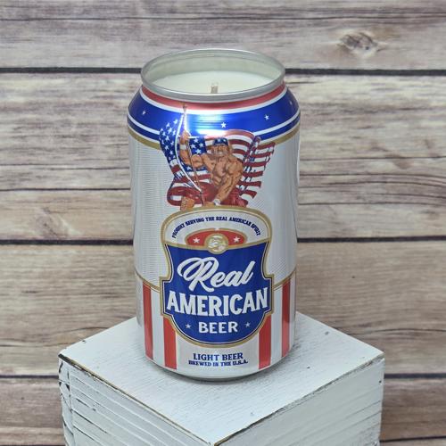Hulk Hogan Real American Beer scented soy candle in an upcycled can